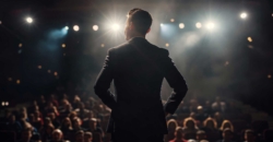 Keynote Speaker steht selbstbewusst auf einer Bühne vor großem Publikum und spricht mit klarer Körpersprache - Symbol für starke Bühnenpräsenz.