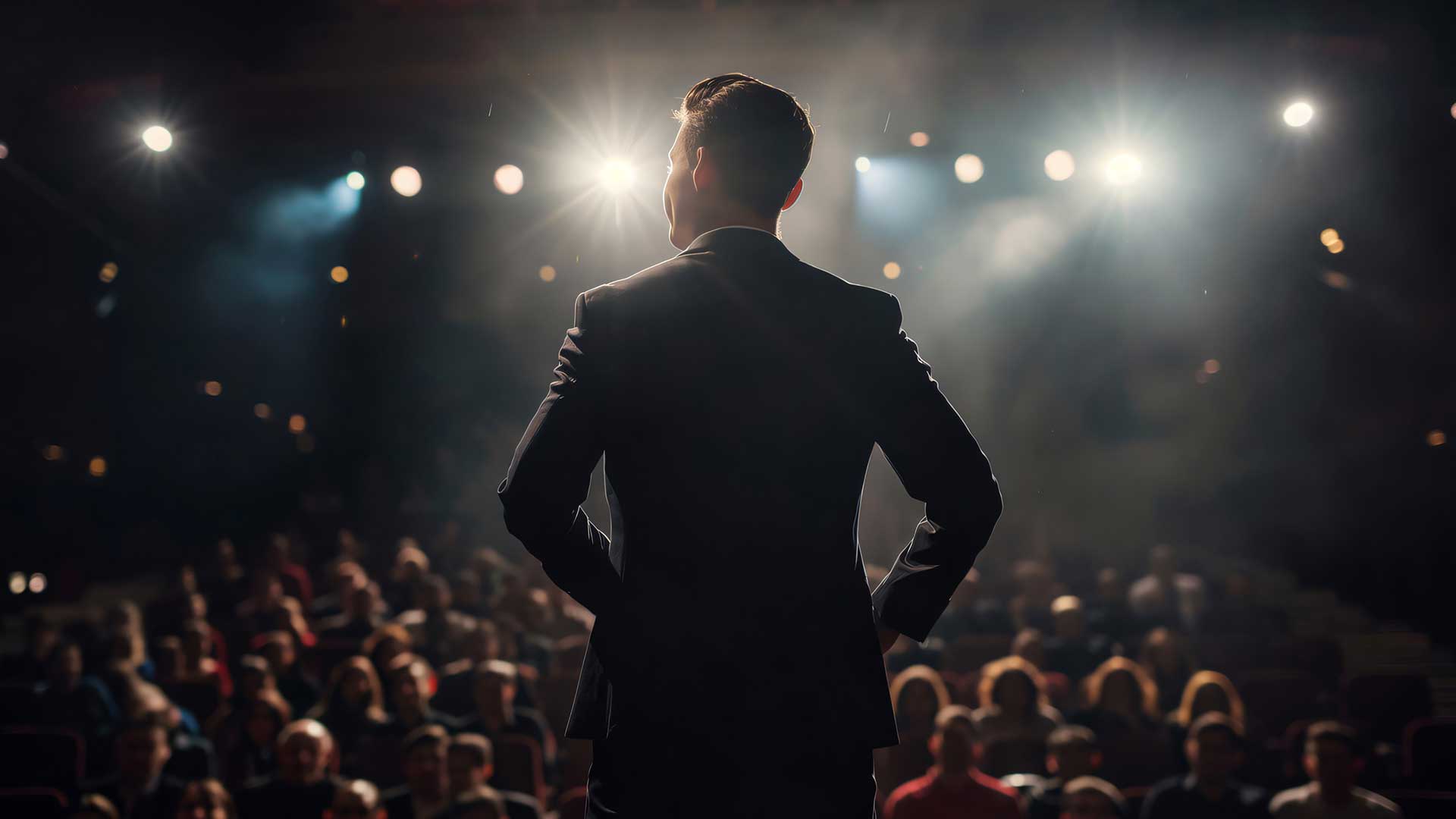 Keynote Speaker steht selbstbewusst auf einer Bühne vor großem Publikum und spricht mit klarer Körpersprache - Symbol für starke Bühnenpräsenz.
