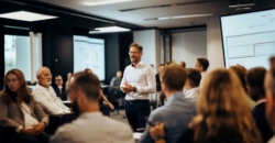 Speaker Trainer gibt Fortgeschrittenen-Training auf der Bühne – Mann im Mittelpunkt vor Publikum